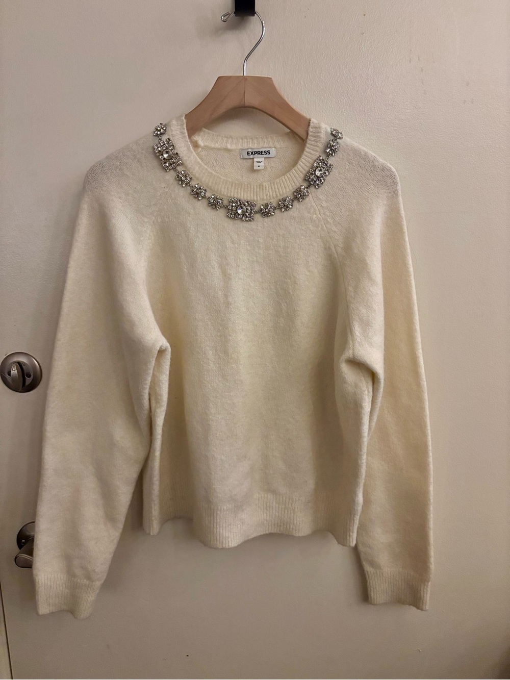 Express Women's Cream Jeweled Crewneck Sweater